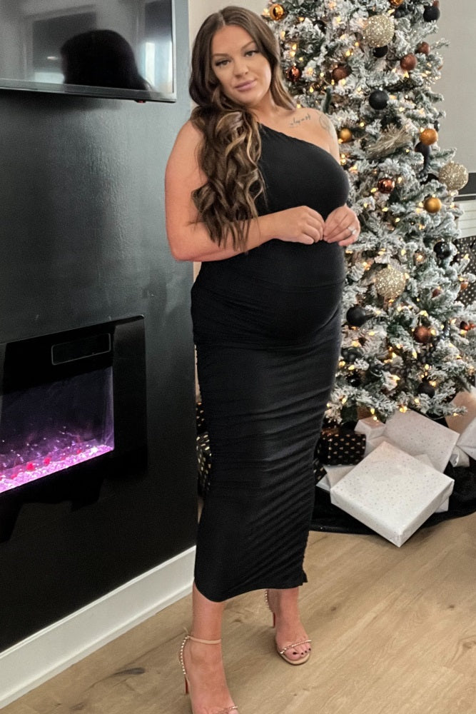 PinkBlush Black Ruched One Shoulder Maternity Dress