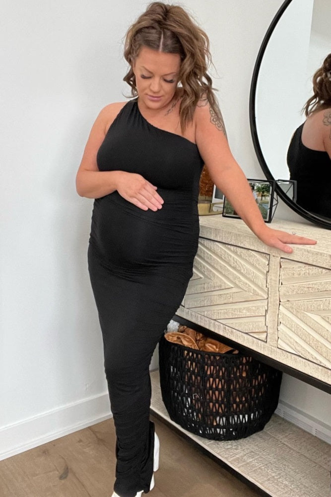 PinkBlush Black Ruched One Shoulder Maternity Dress