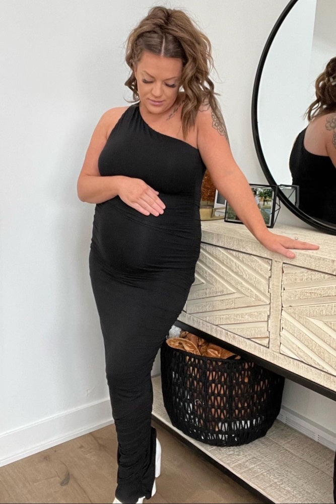 PinkBlush Black Ruched One Shoulder Maternity Dress
