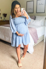 Light Blue Textured Dot Smocked Square Neck Chiffon Maternity Dress