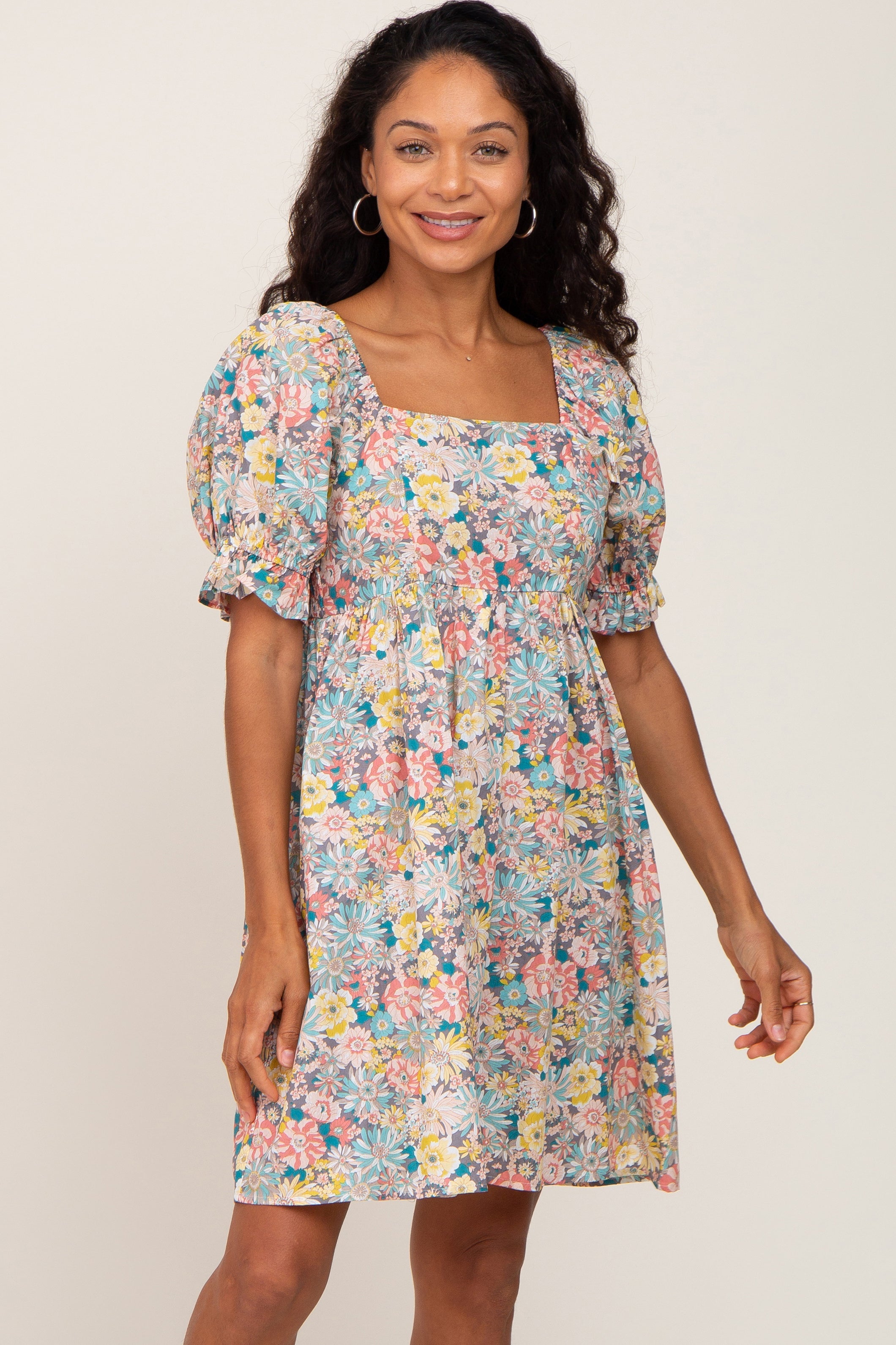 Yellow Floral Square Neck Short Puff Sleeve Maternity Dress