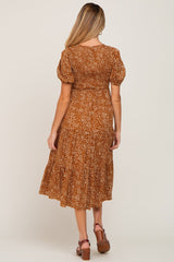 Rust Animal Print Smocked Maternity Midi Dress