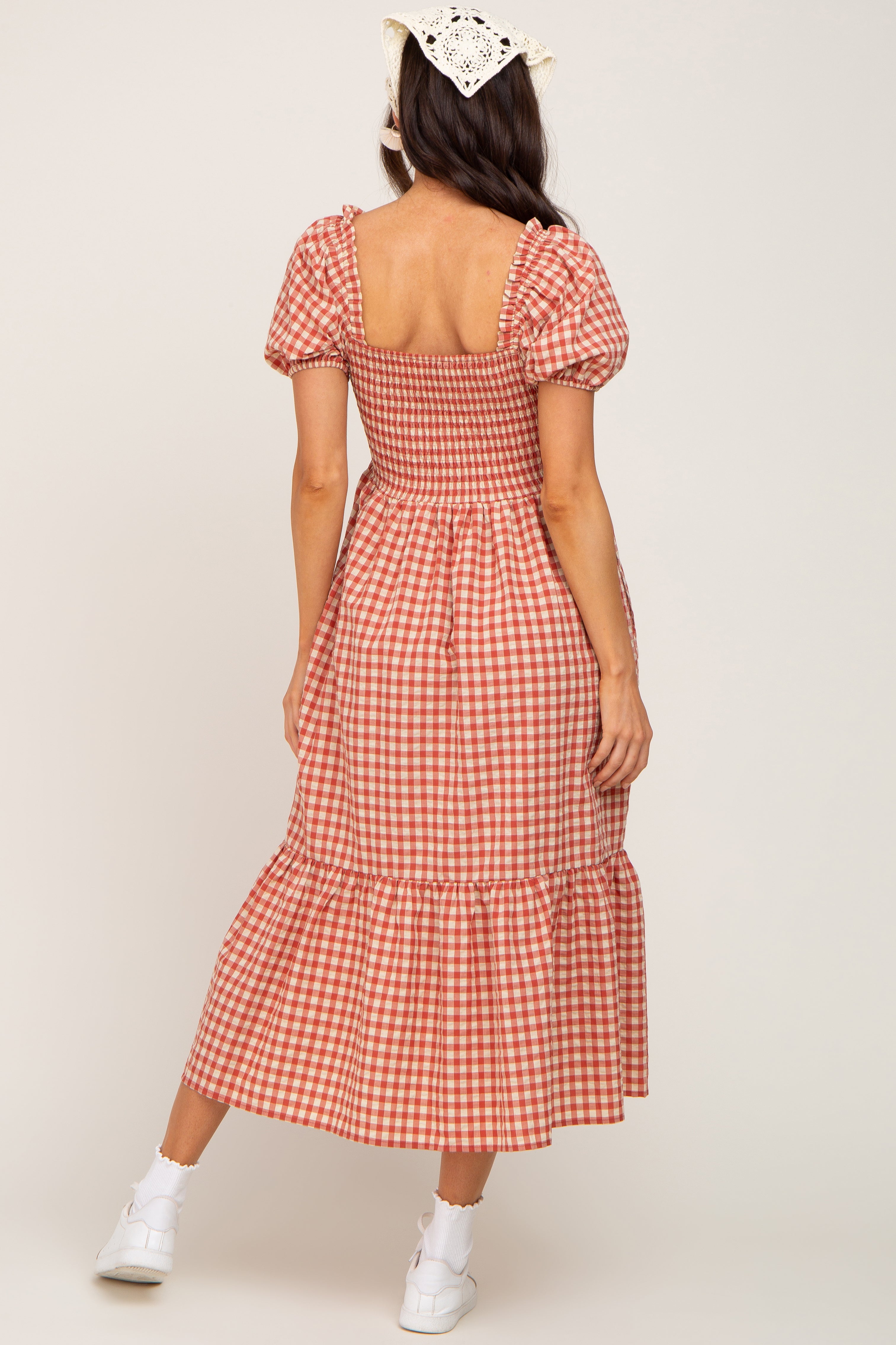Rust Gingham Smocked Maternity Midi Dress