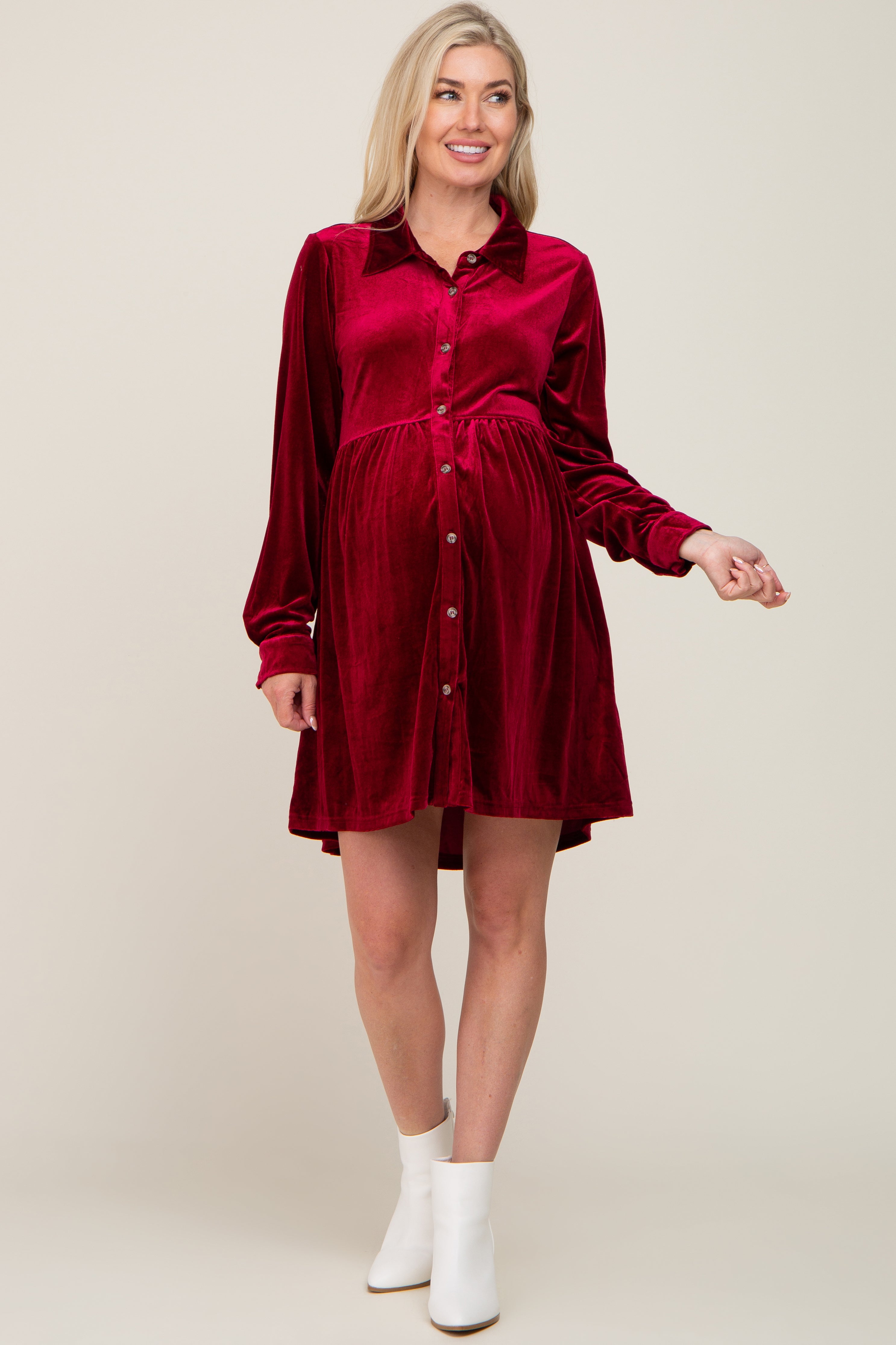 Burgundy Velvet Button Down Maternity Mini Dress