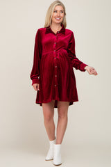 Burgundy Velvet Button Down Maternity Mini Dress