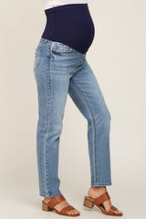 Blue Distressed Straight Leg Maternity Jeans