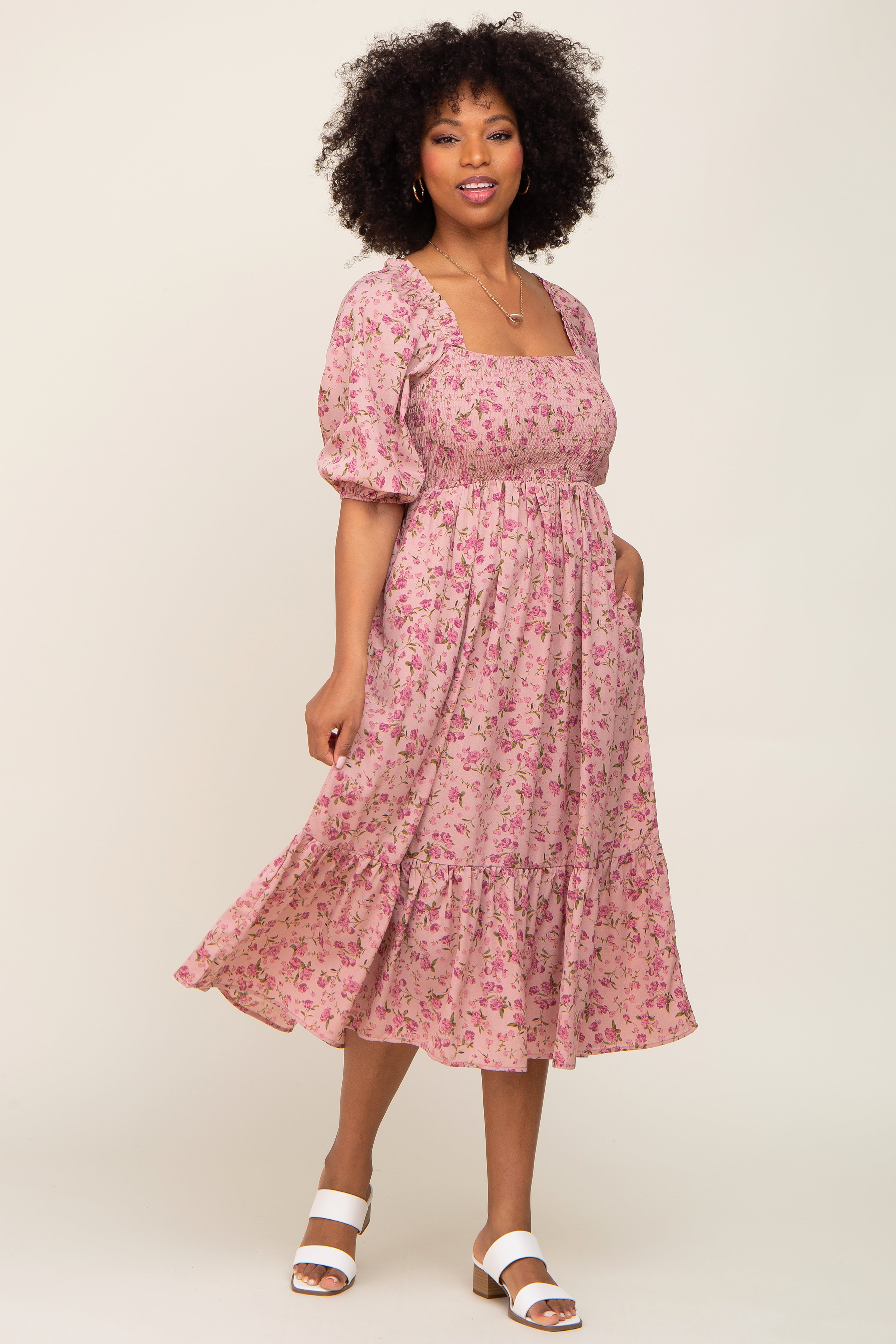 Pink Floral Smocked Maternity Midi Dress