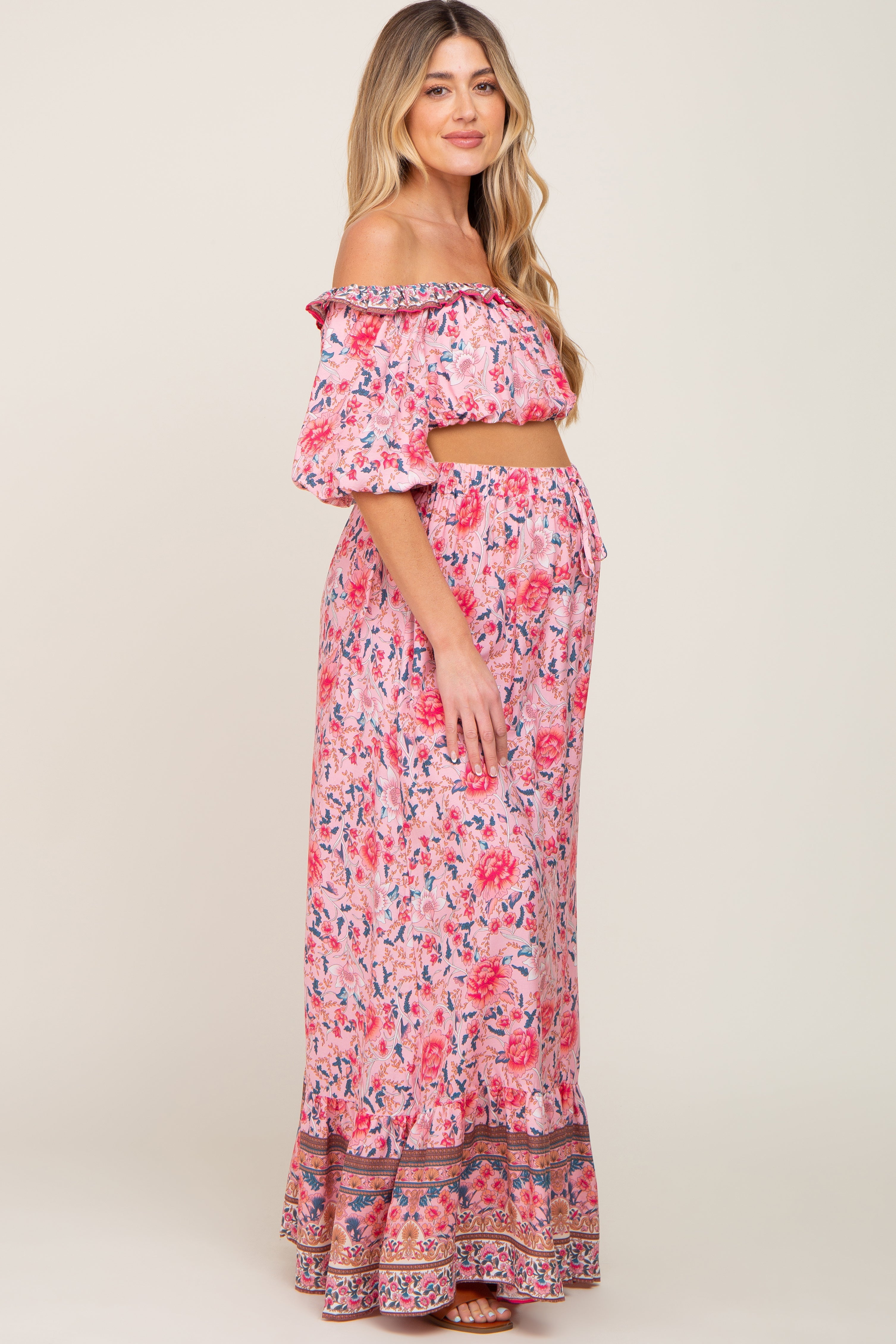 Pink Floral Off Shoulder Maternity Maxi Skirt Set