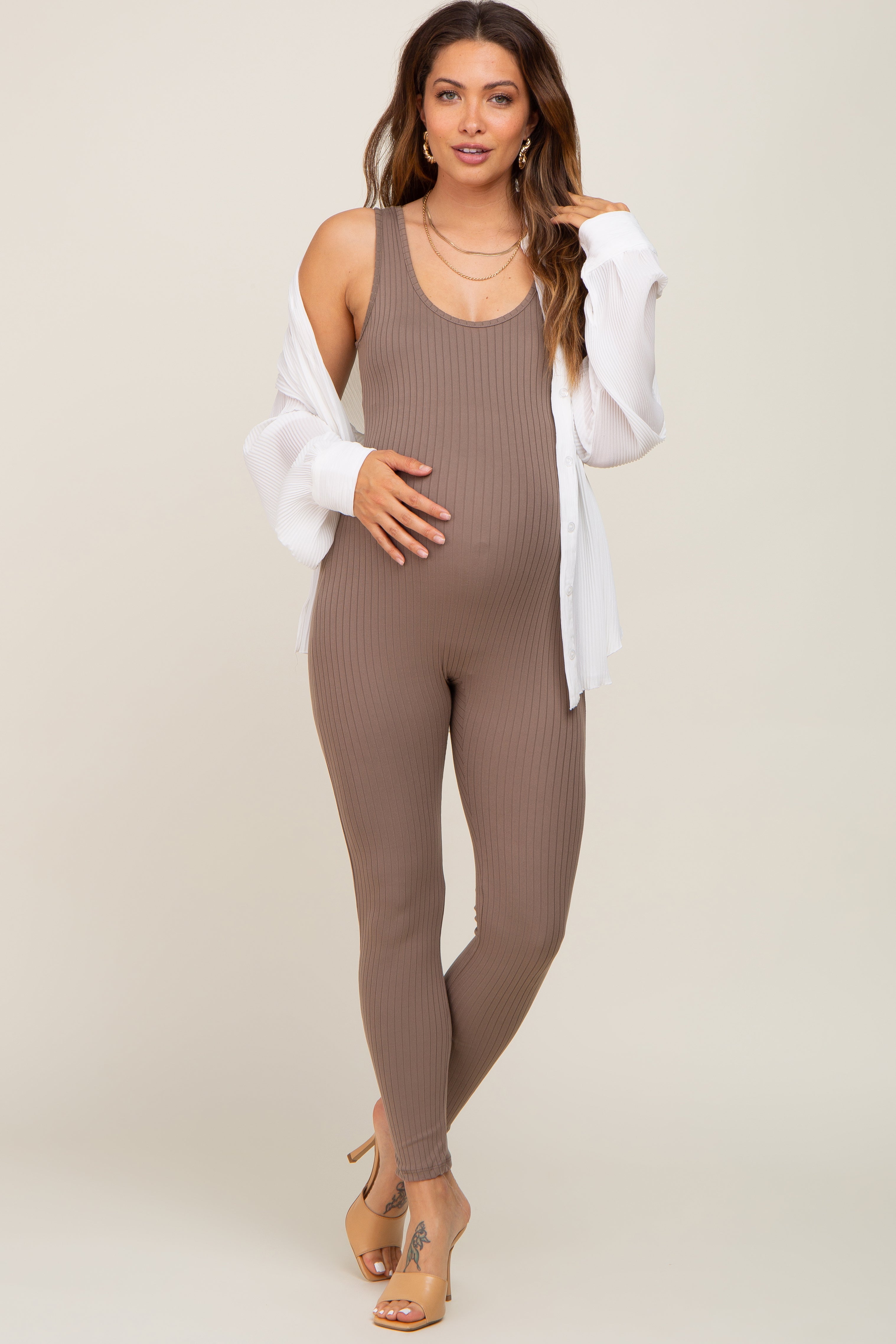 Taupe Ribbed Bodycon Maternity Jumpsuit