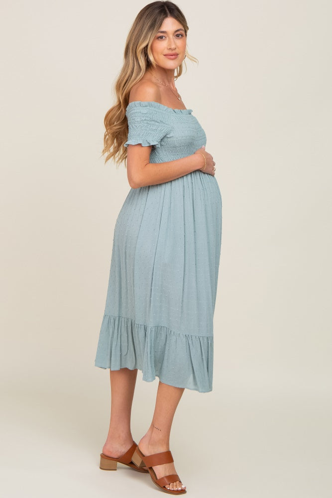 Sage Off Shoulder Smocked Maternity Midi Dress