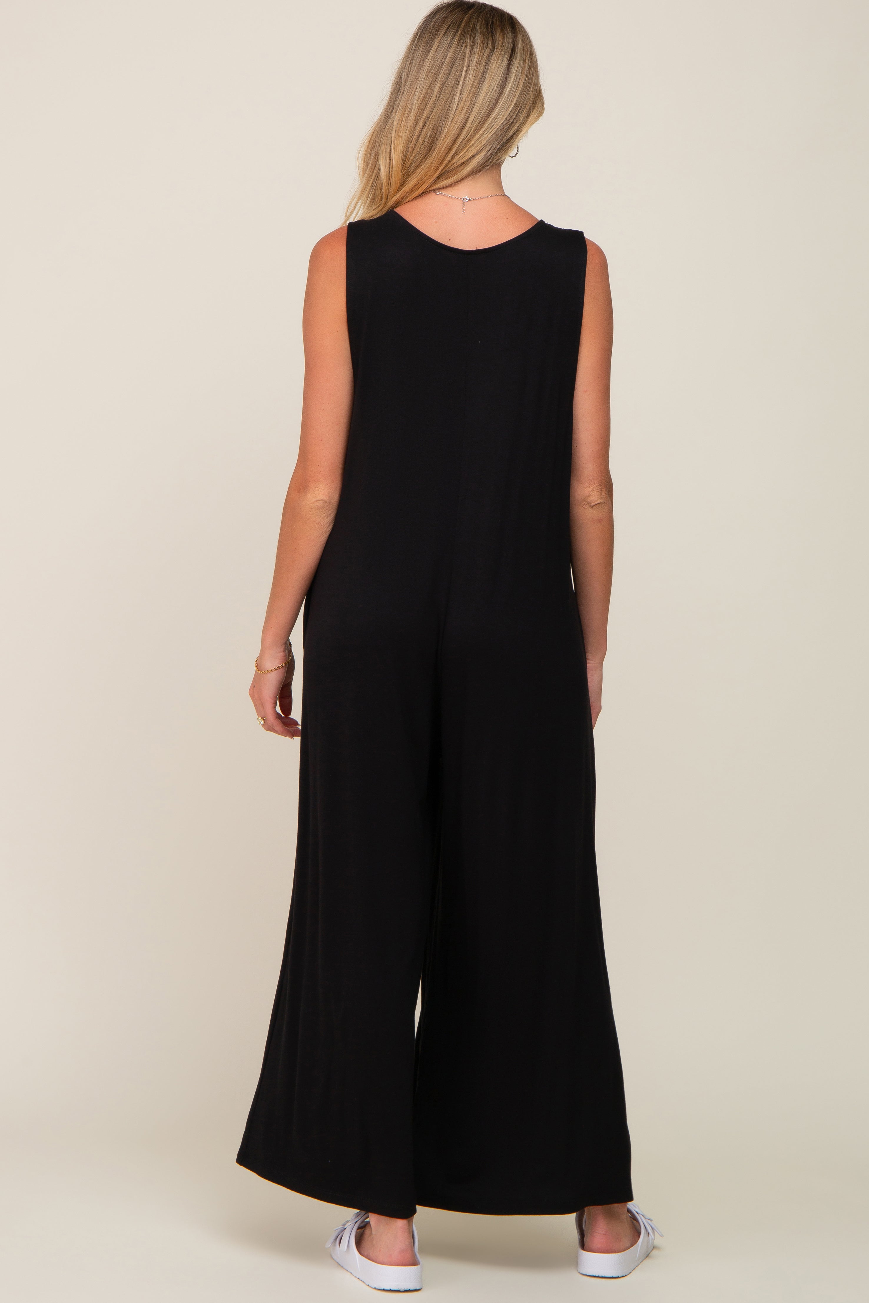 Black Deep V Sleeveless Wide Leg Maternity Jumpsuit
