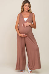 Mocha Deep V Sleeveless Wide Leg Maternity Jumpsuit