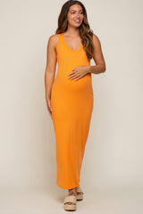 Orange Sleeveless Ribbed Maternity Maxi Dress