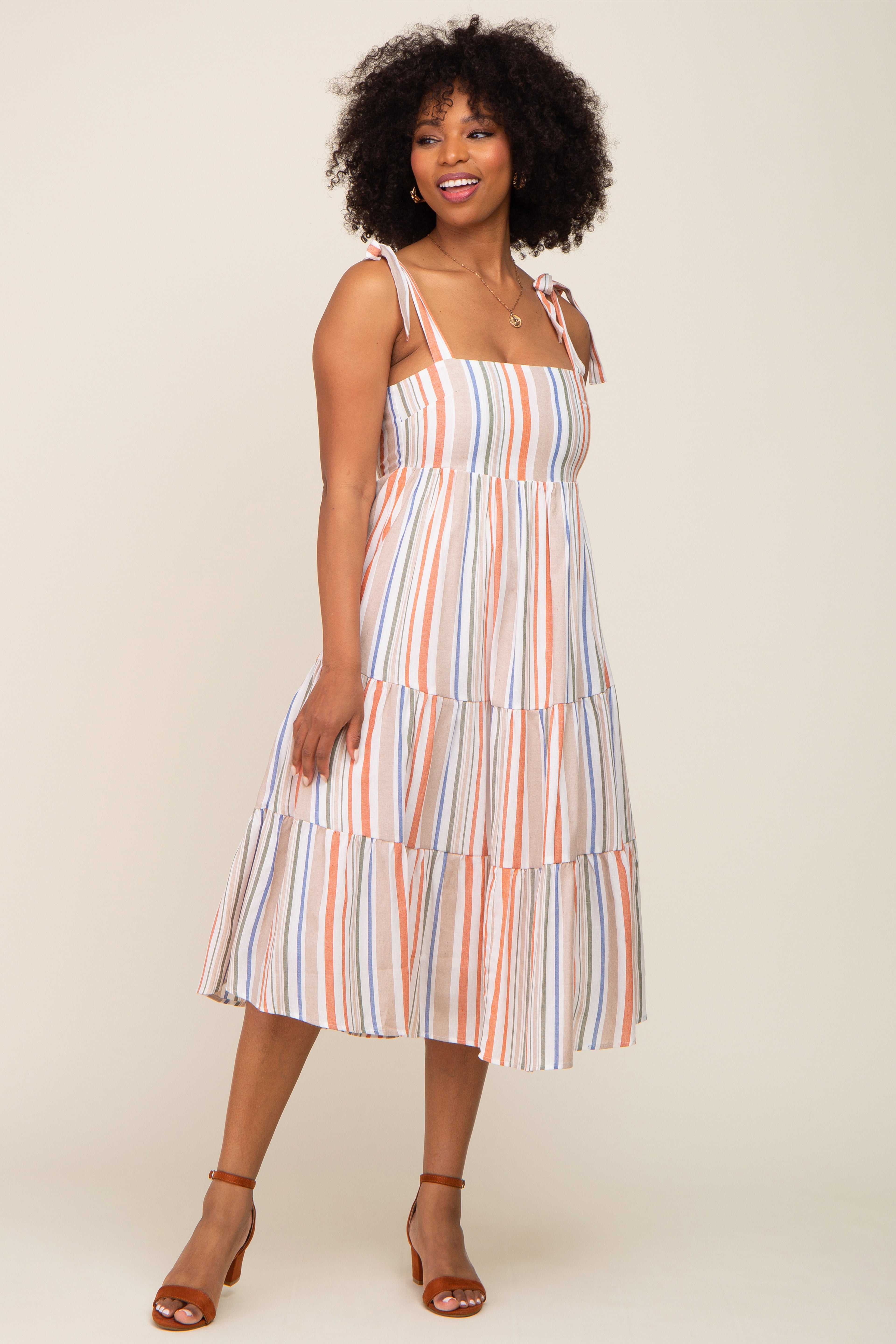 Rust Striped Shoulder Tie Tiered Maternity Midi Dress
