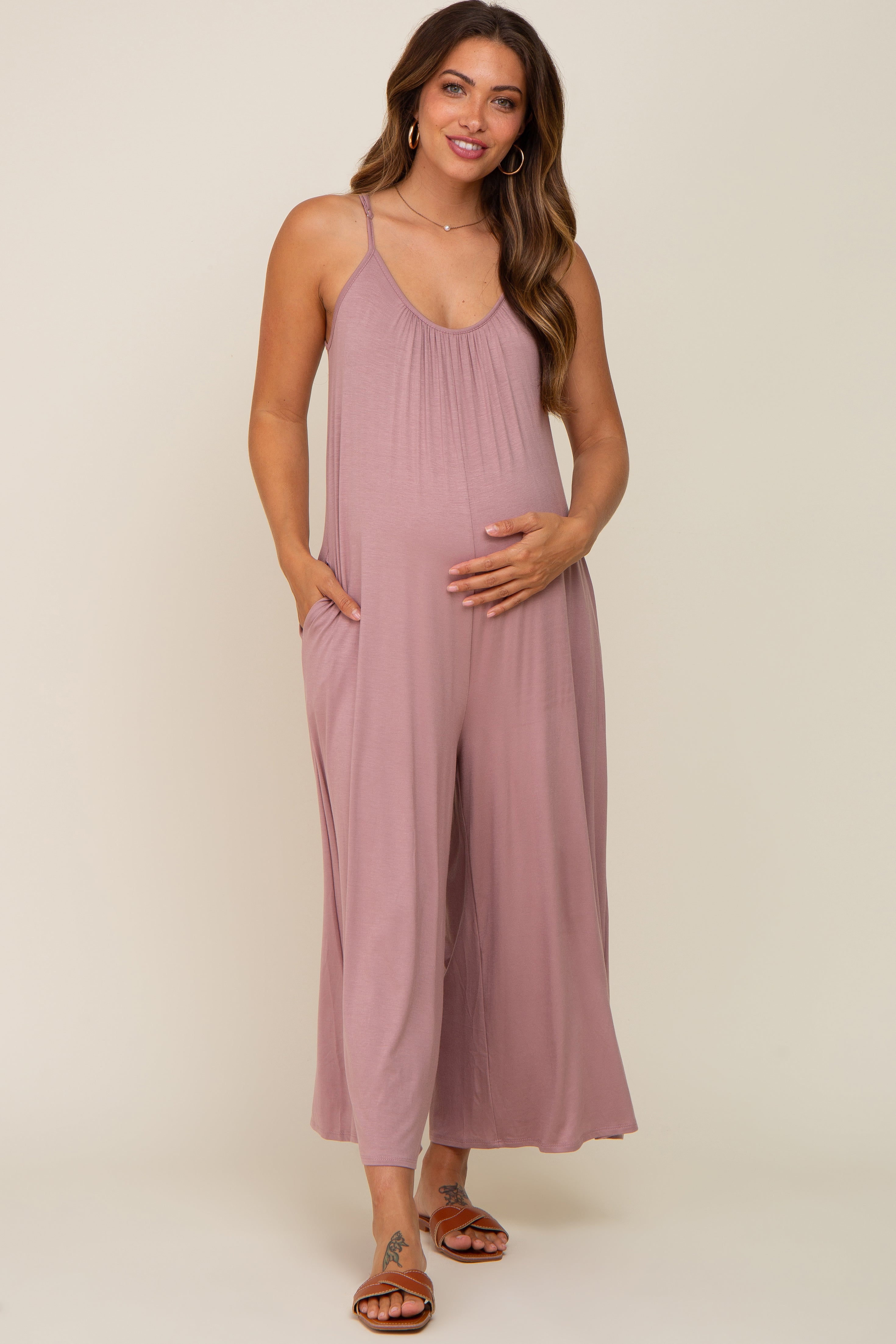 Mauve Basic Cropped Wide Leg Maternity Jumpsuit