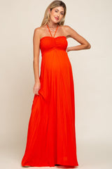 Orange Smocked Halter Maternity Maxi Dress