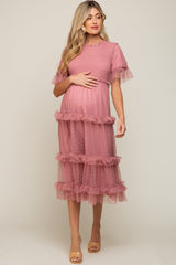 Pink Polka Dot Tulle Smocked Maternity Midi Dress