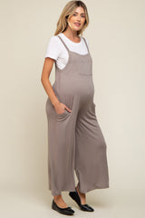 Taupe Sleeveless Pocketed Wide Leg Maternity Jumpsuit