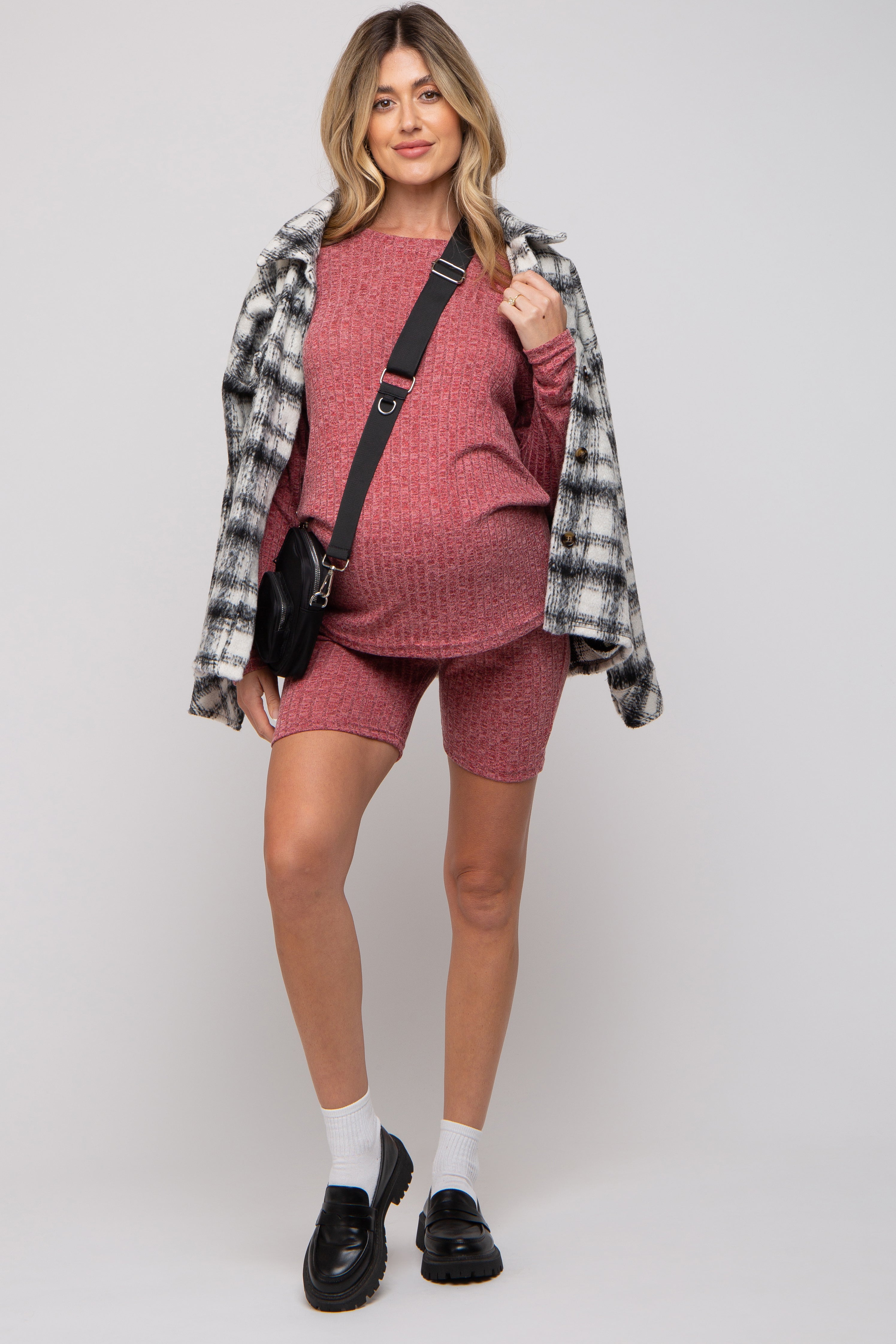 Burgundy Ribbed Long Sleeve Maternity Shorts Set