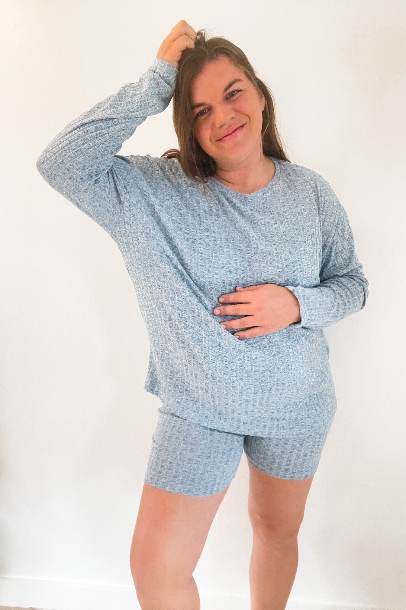 Blue Ribbed Long Sleeve Maternity Shorts Set