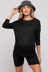 Black Ribbed Long Sleeve Maternity Shorts Set