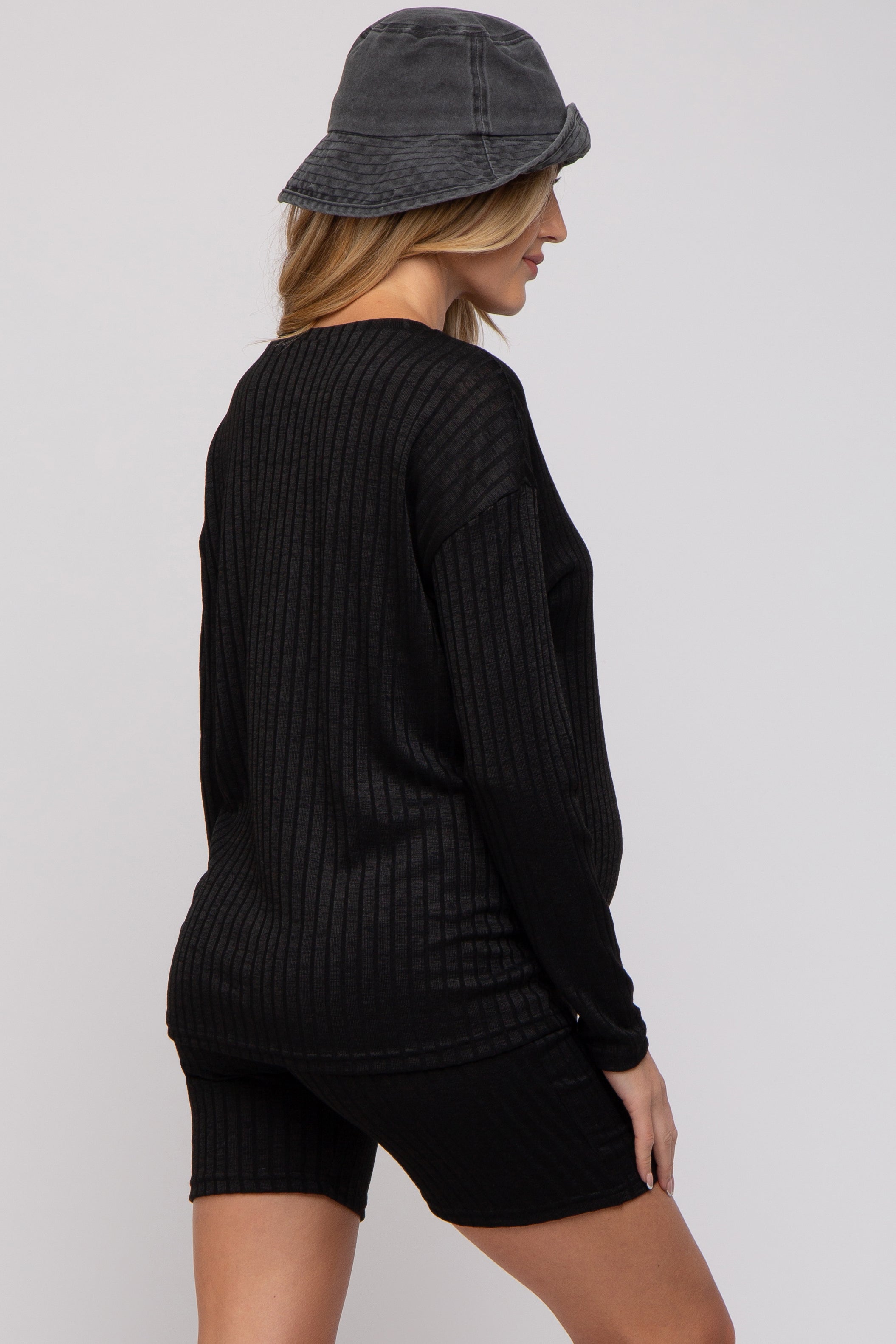 Black Ribbed Long Sleeve Maternity Shorts Set