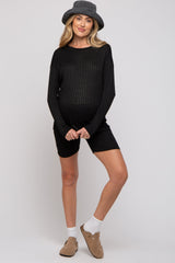 Black Ribbed Long Sleeve Maternity Shorts Set