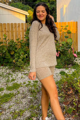 Mocha Ribbed Long Sleeve Maternity Shorts Set
