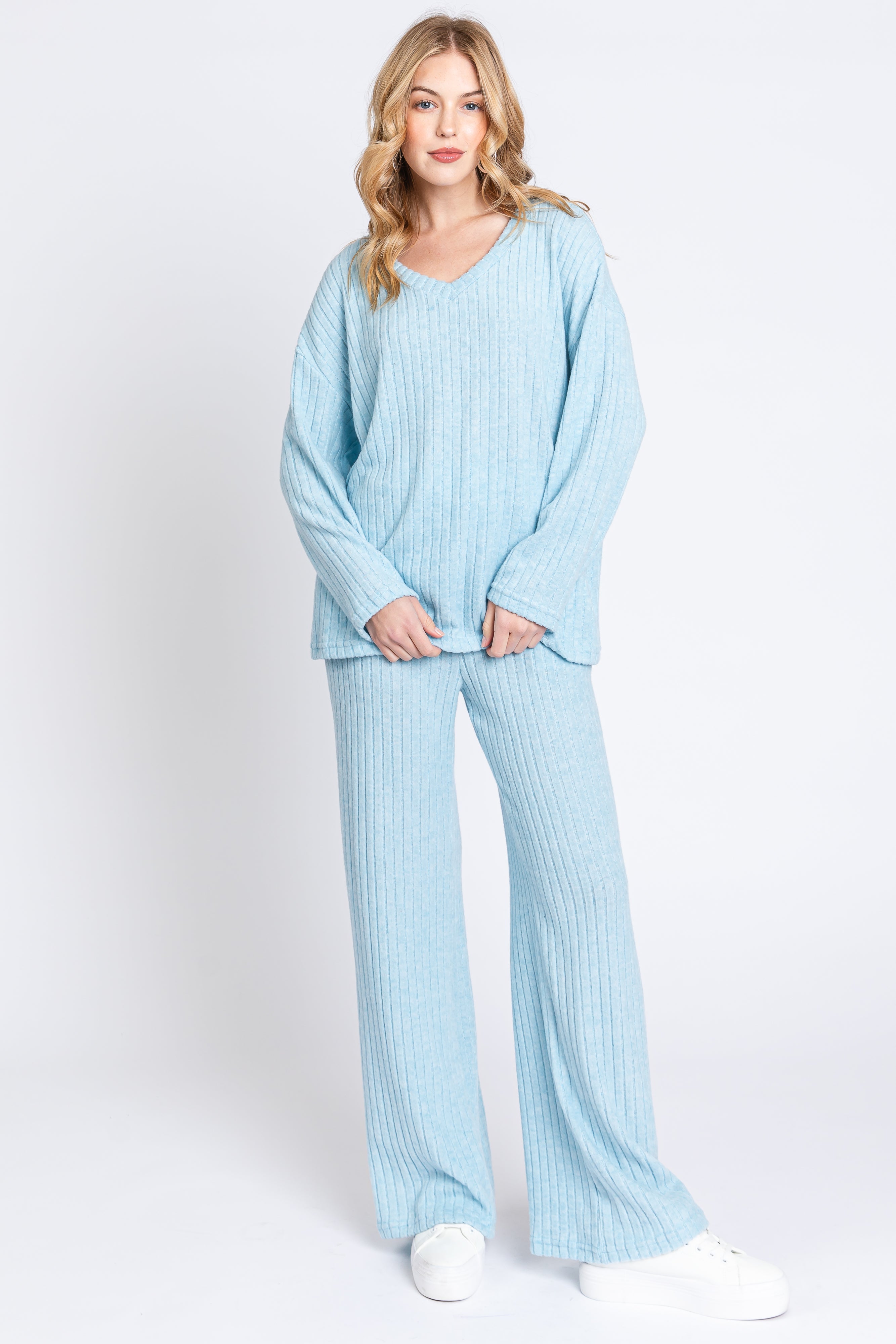 Light Blue Ribbed Soft Knit Long Sleeve Maternity Pajama Set