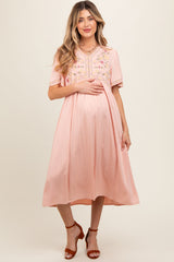Peach Short Sleeve V-Neck Maternity Midi Dress