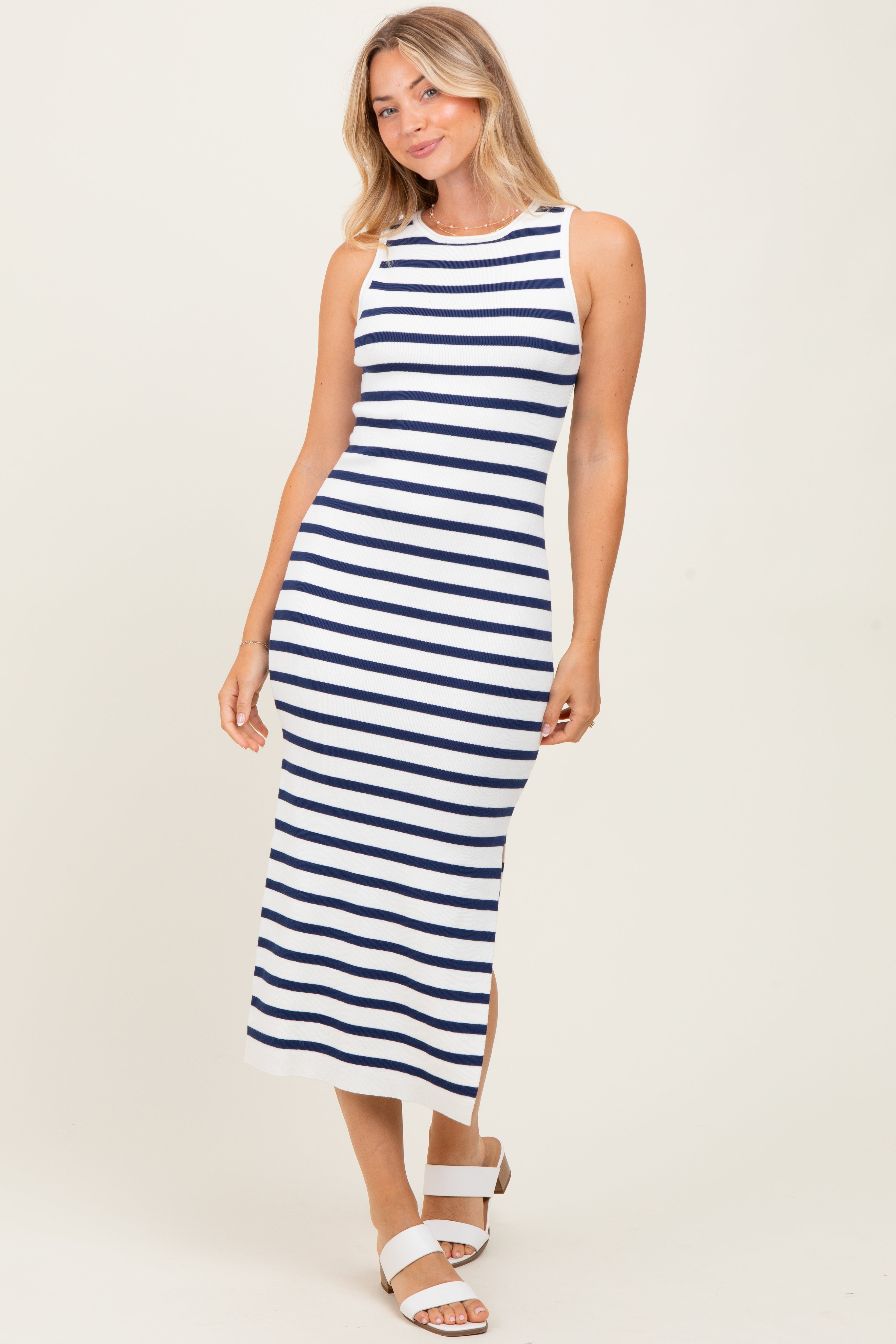 White Navy Striped Knit Sleeveless Side Slit Maternity Midi Dress