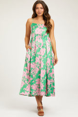 Pink Leaf Print Satin Square Neck Maternity Midi Dress