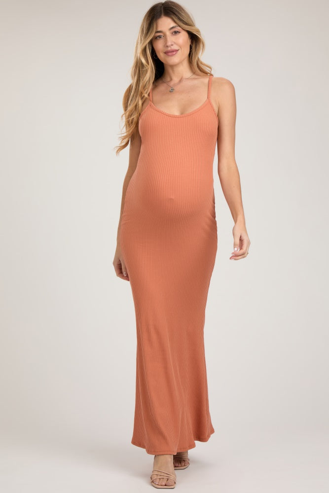 Peach Ribbed Maternity Maxi Dress