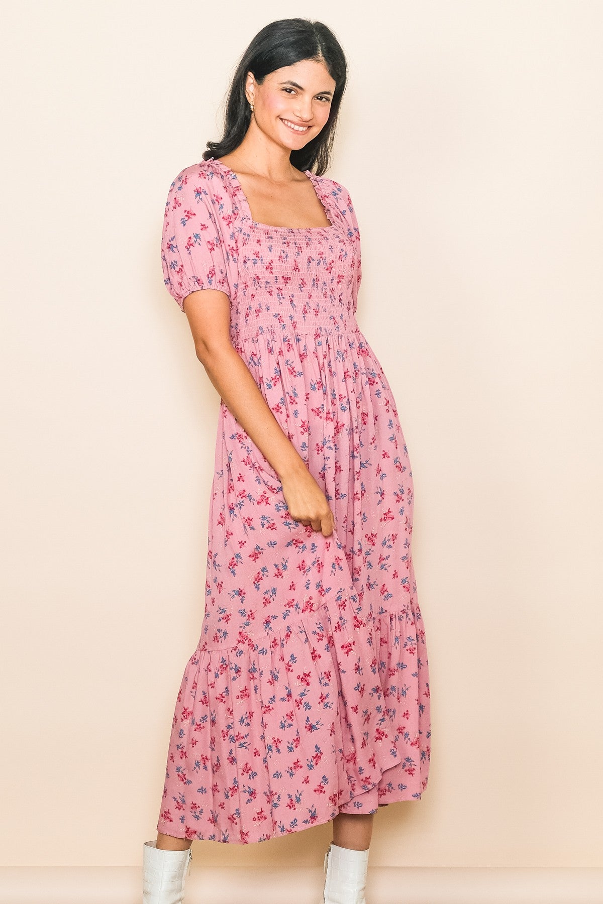 Pink Floral Smocked Short Sleeve Maternity Midi Dress