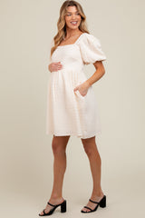 Cream Textured Bubble Sleeve Maternity Mini Dress