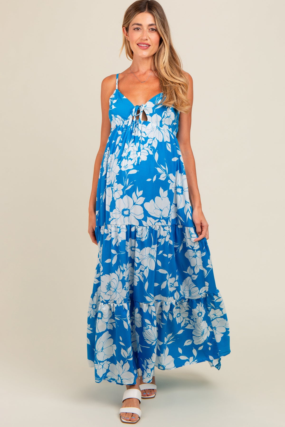Royal Tropical Floral Open Back Maternity Maxi Dress