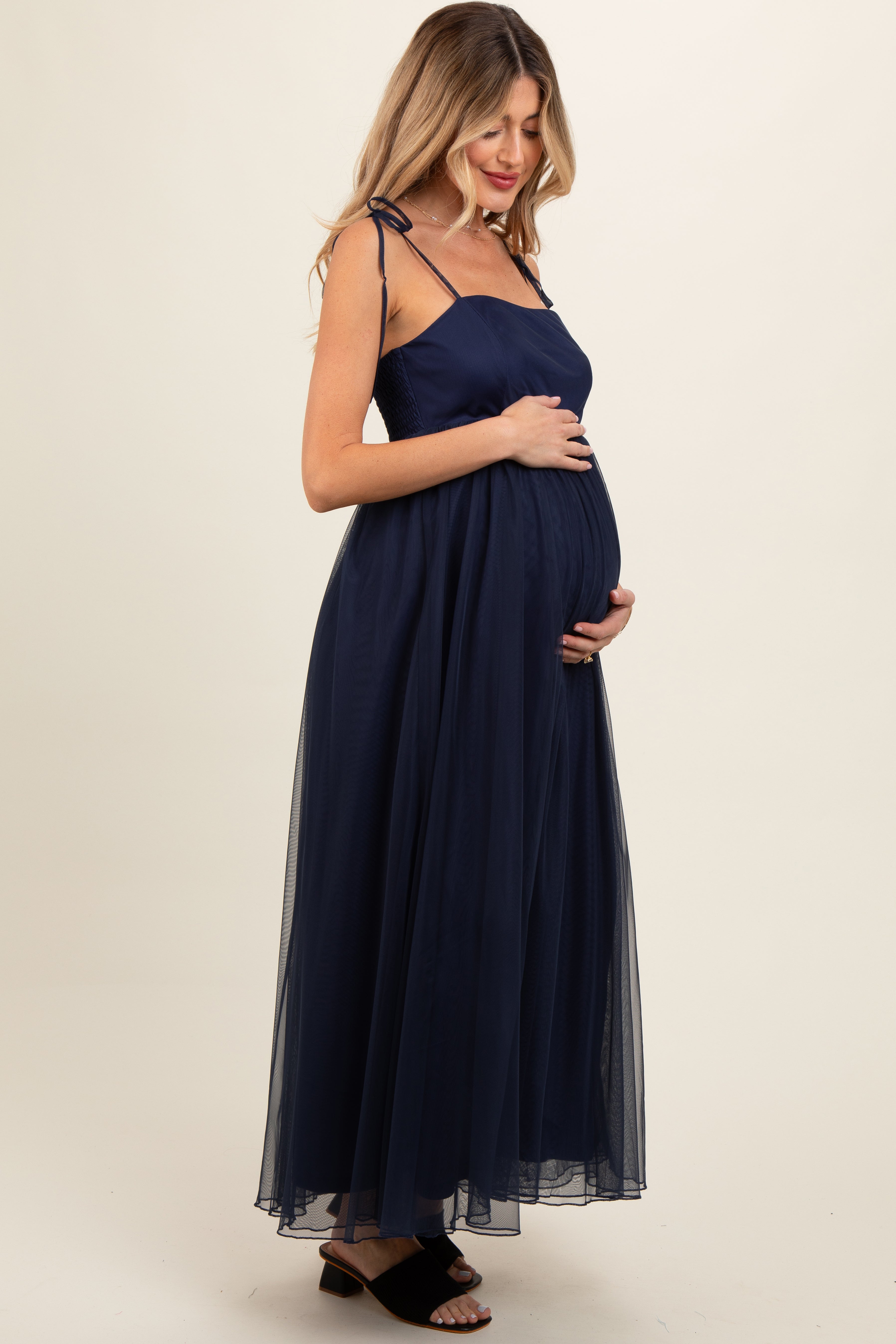 Navy Blue Square Neck Shoulder Tie Tulle Maternity Maxi Dress