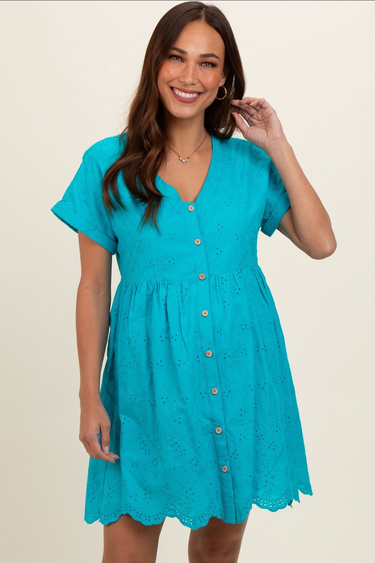 Turquoise Eyelet Button Front Short Sleeve Maternity Dress