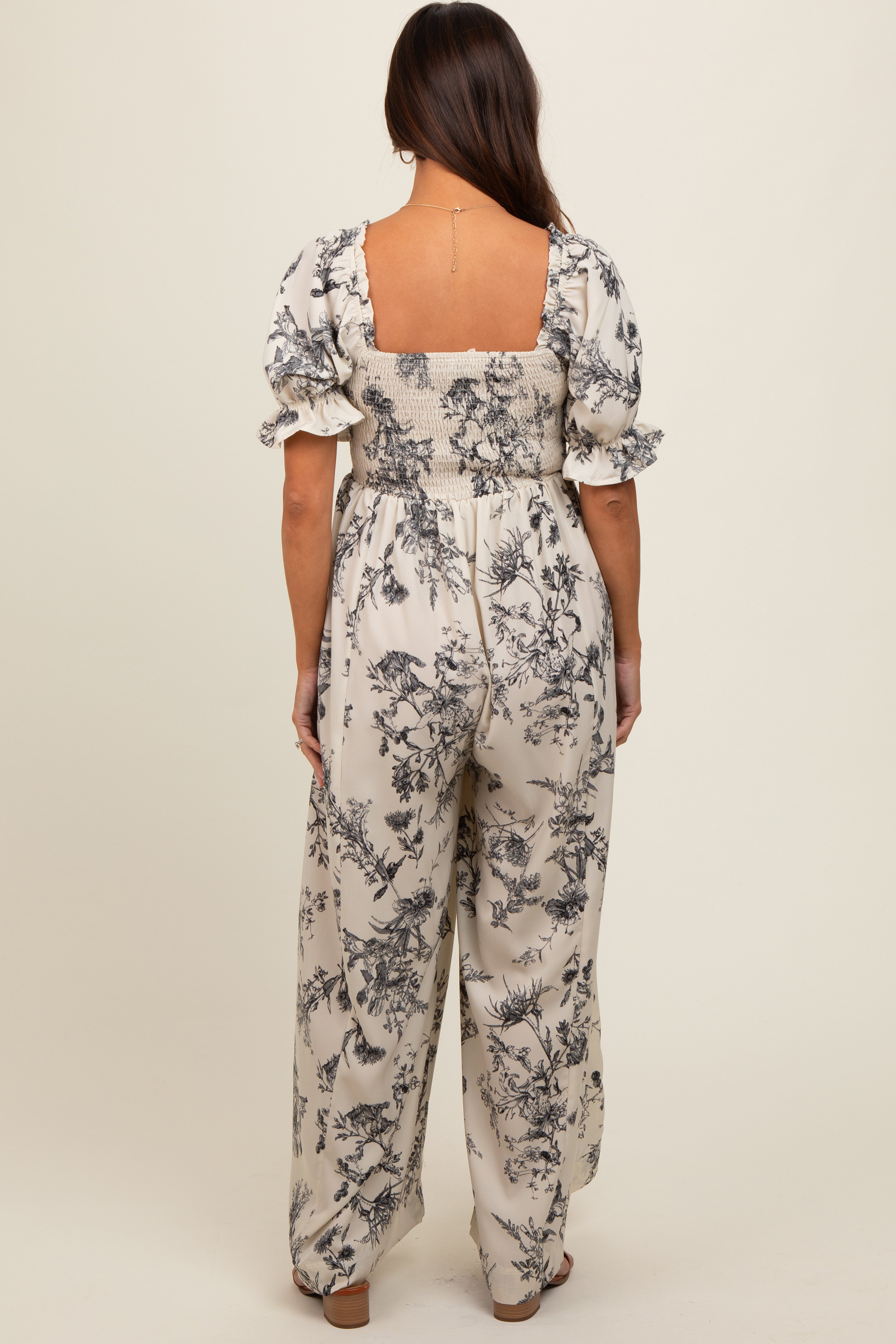White Floral Smocked Square Neck Wide Leg Maternity Jumpsuit