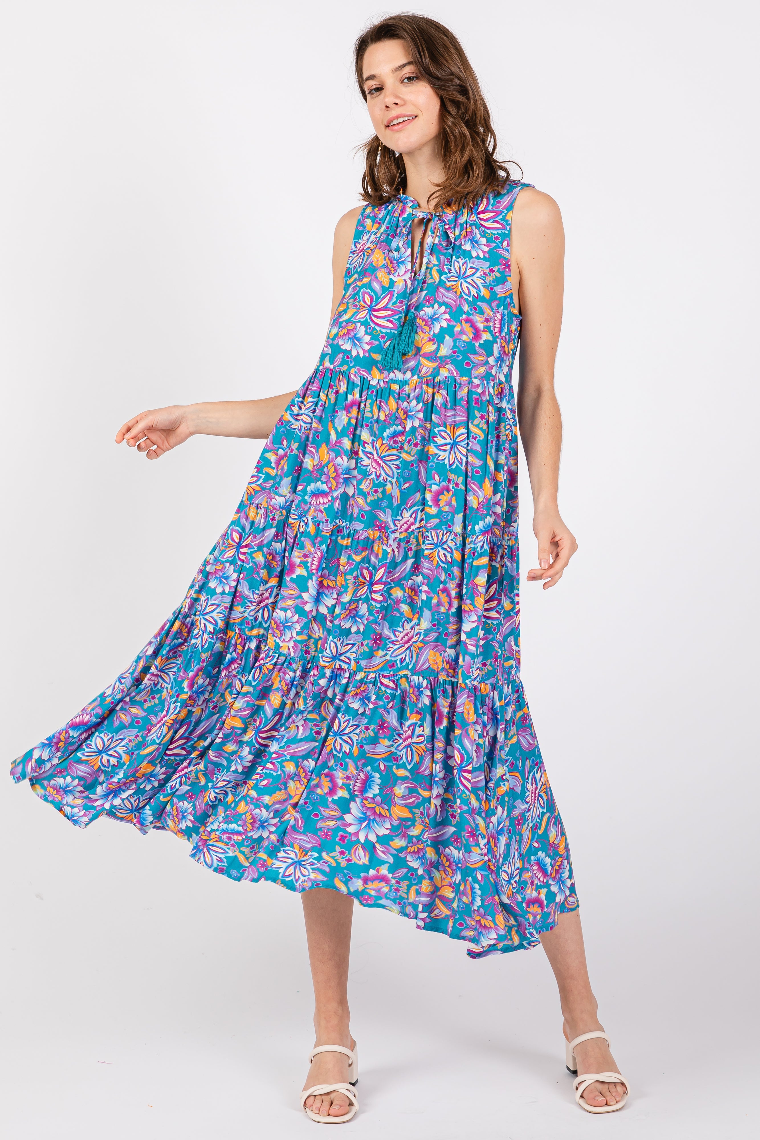 Teal Floral Ruffle Mock Neck Tiered Sleeveless Maternity Midi Dress
