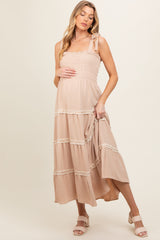 Taupe Smocked Maternity Maxi Dress