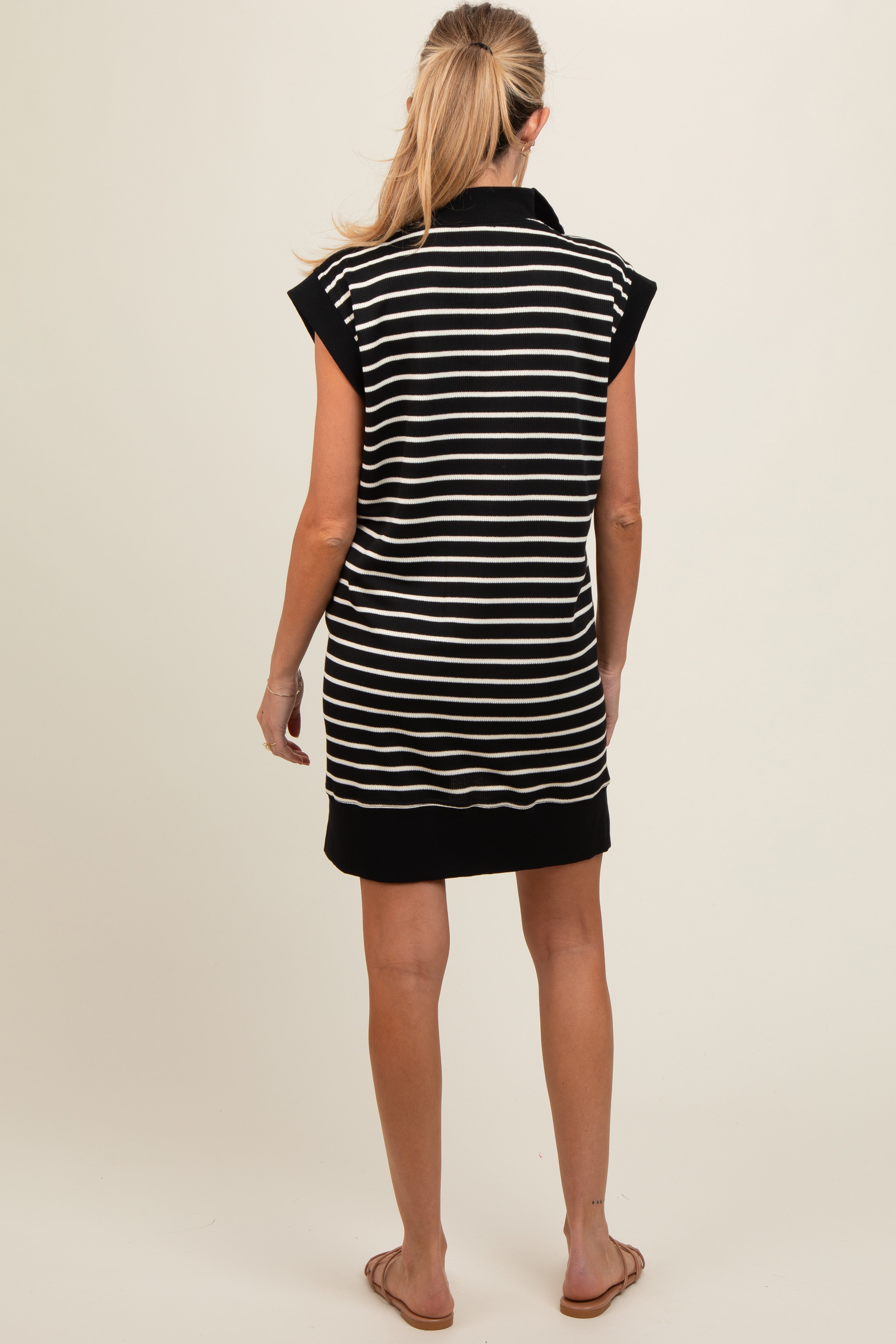 Black Striped Knit Cap Sleeve Maternity Mini Dress