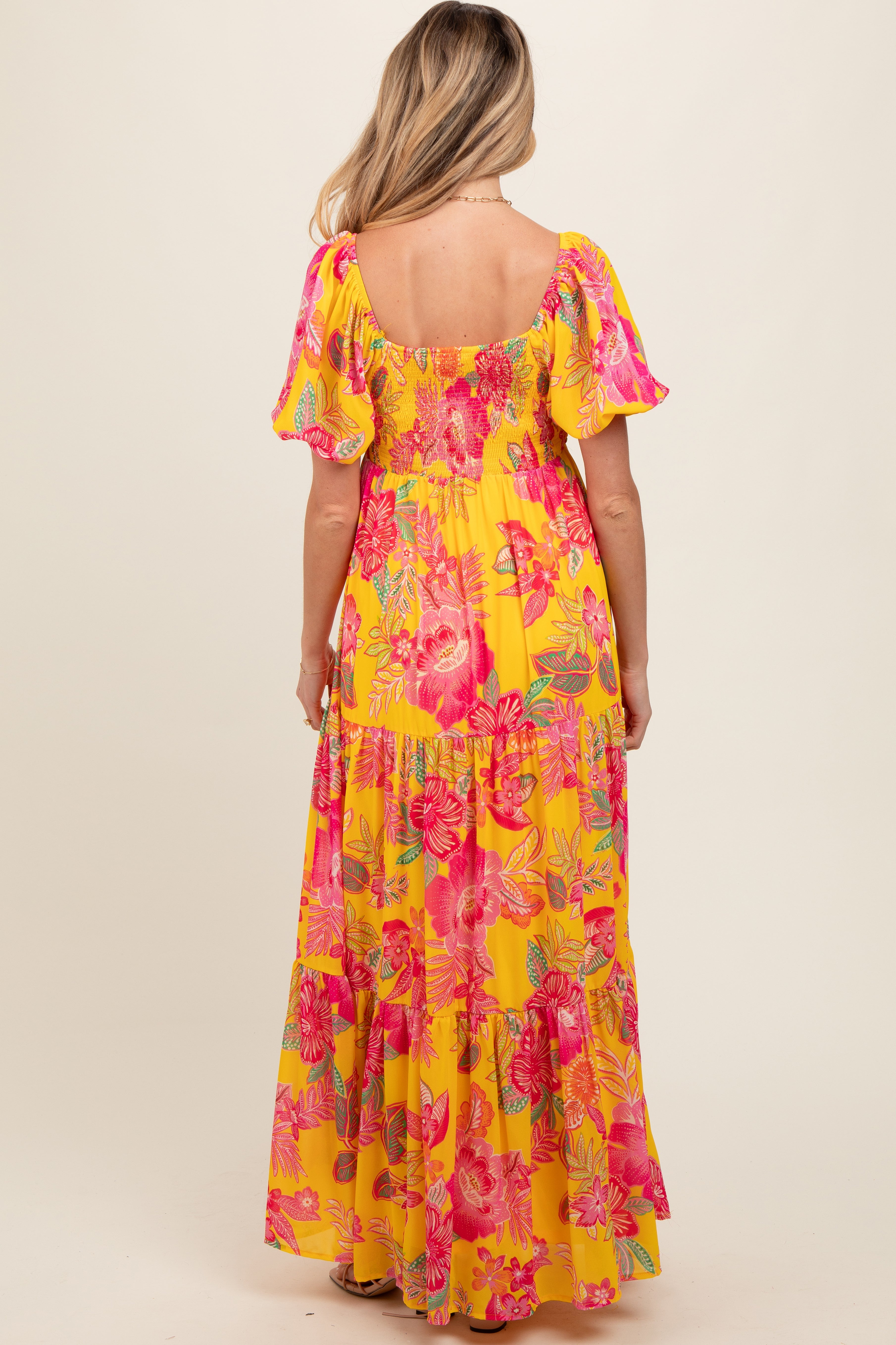 Yellow Floral Sweetheart Neck Tiered Maternity Maxi Dress