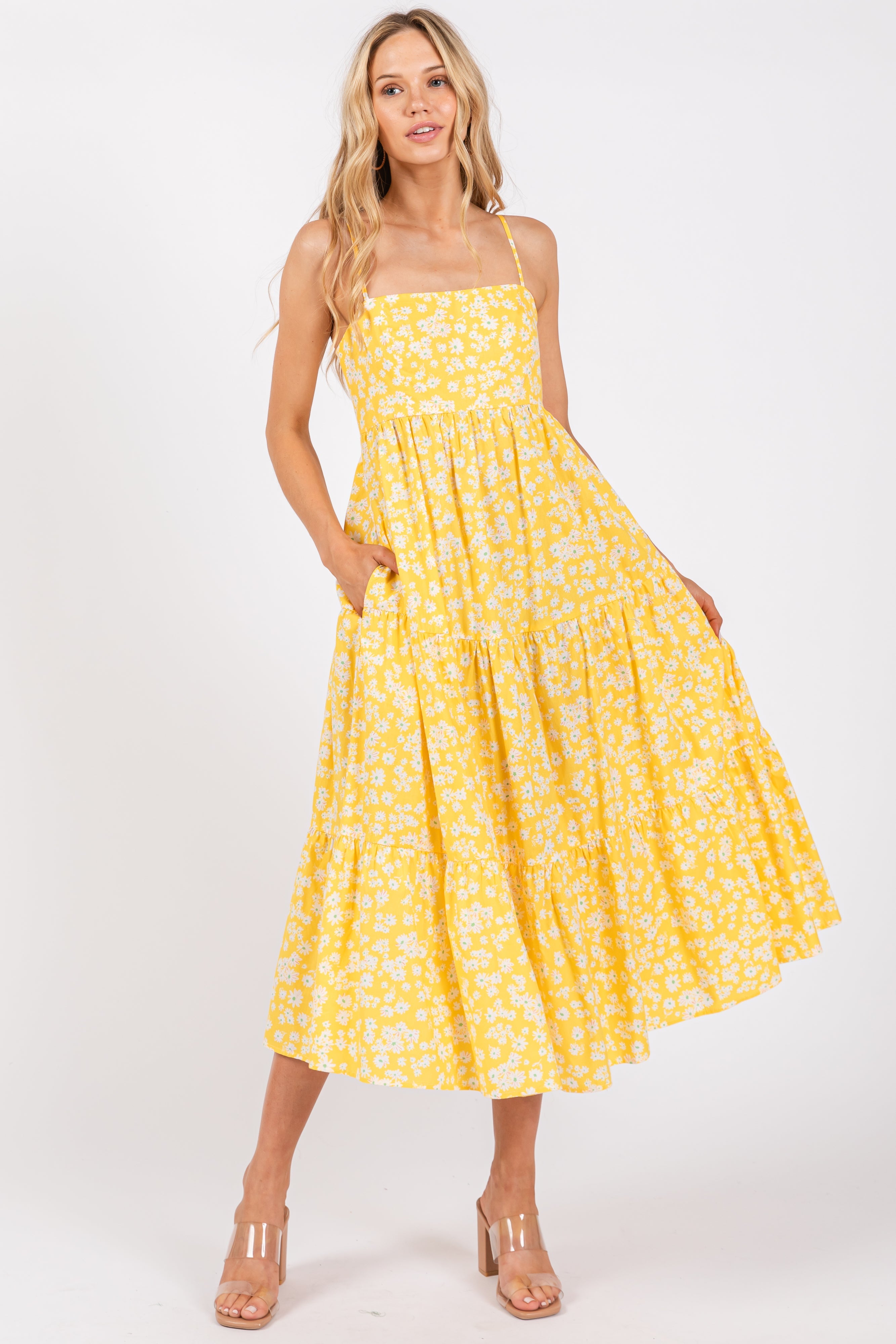 Yellow Floral Cutout Tie Back Maternity Midi Dress
